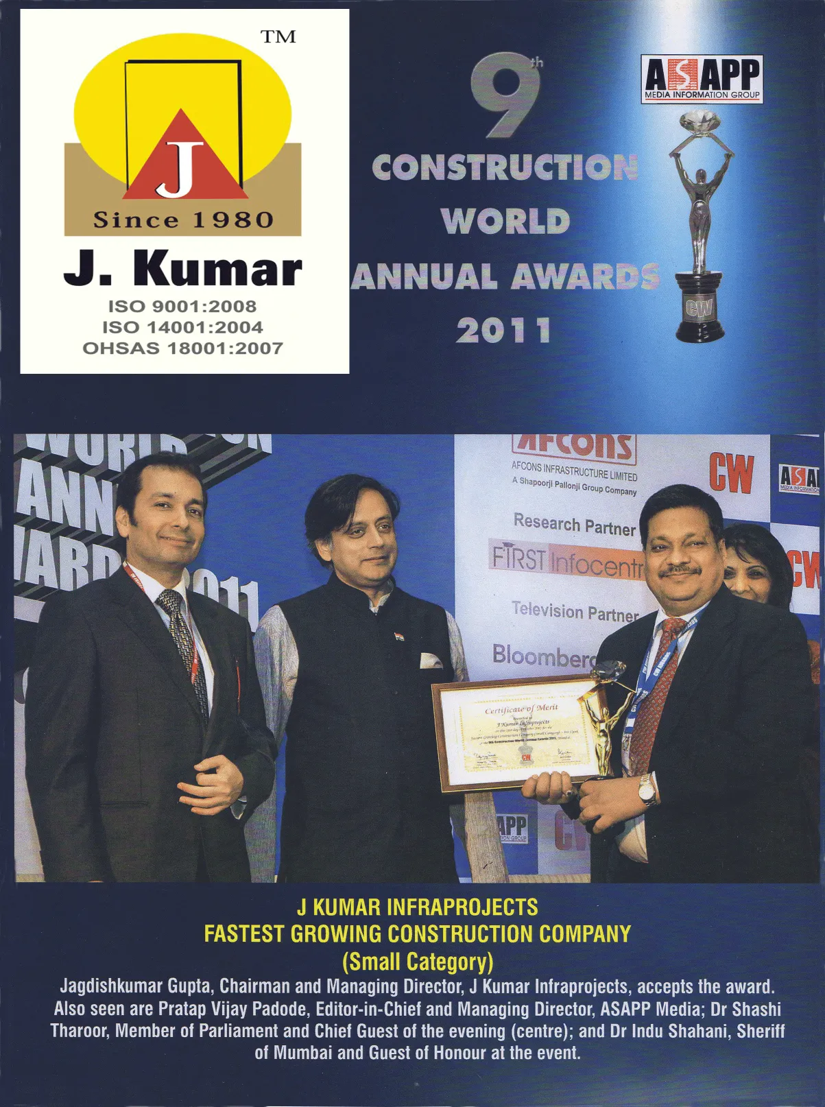9th Construction World Annual Awards 2011 awarded for Fastest Growing Construction Company